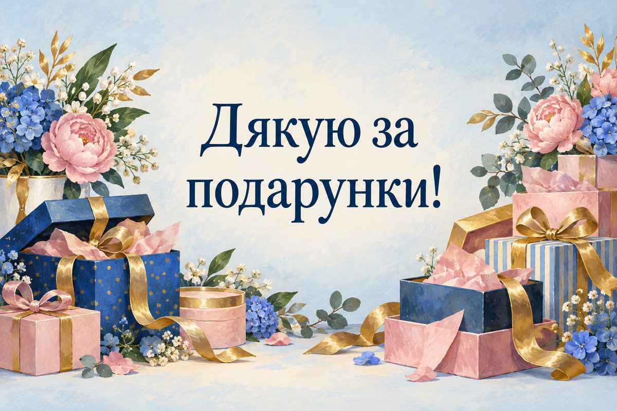 Листівка «Дякую за привітання»: розпаковані подарунки зі стрічками й квітами, напис «Дякую за подарунки!»