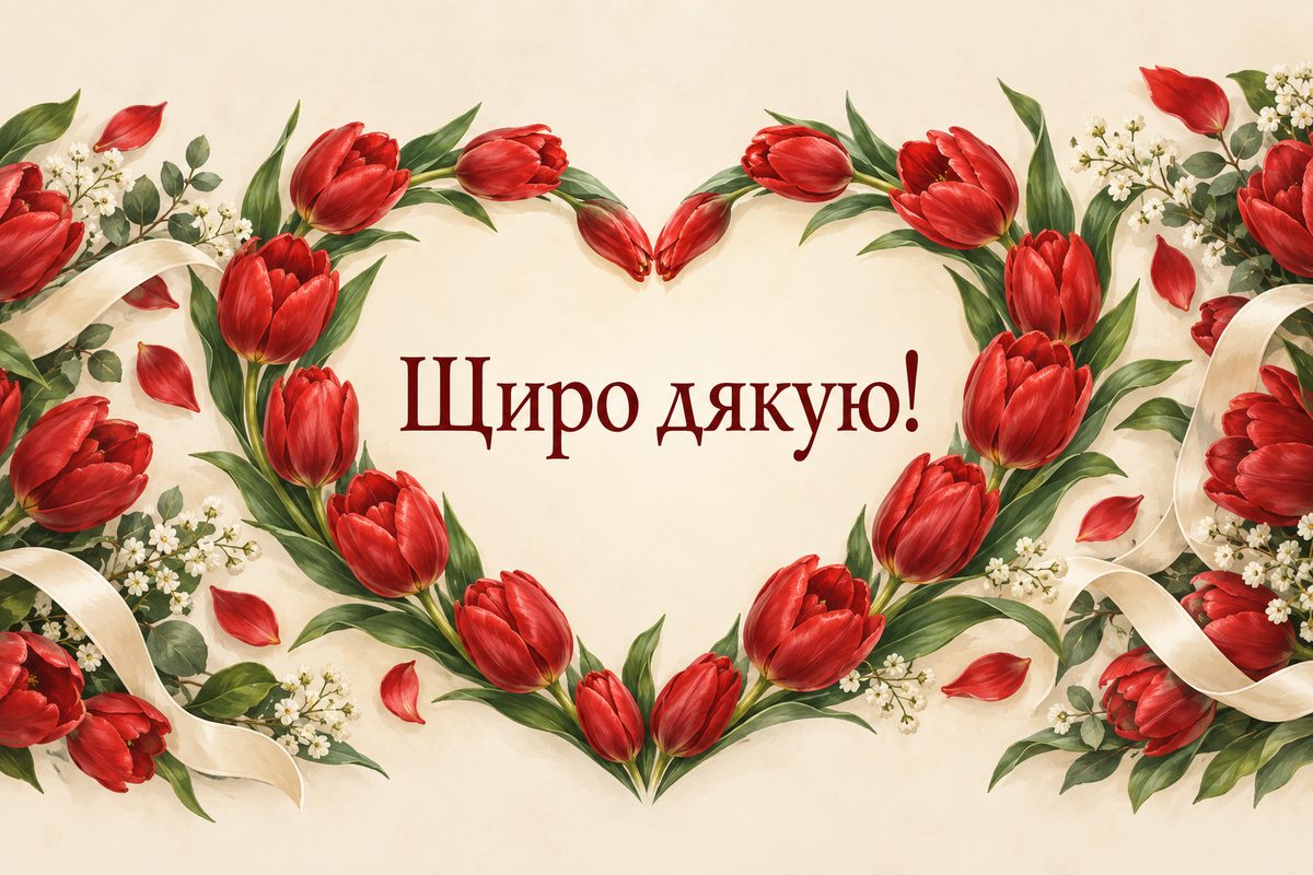 Листівка «Дякую за привітання»: серце з червоних тюльпанів, напис «Щиро дякую!»