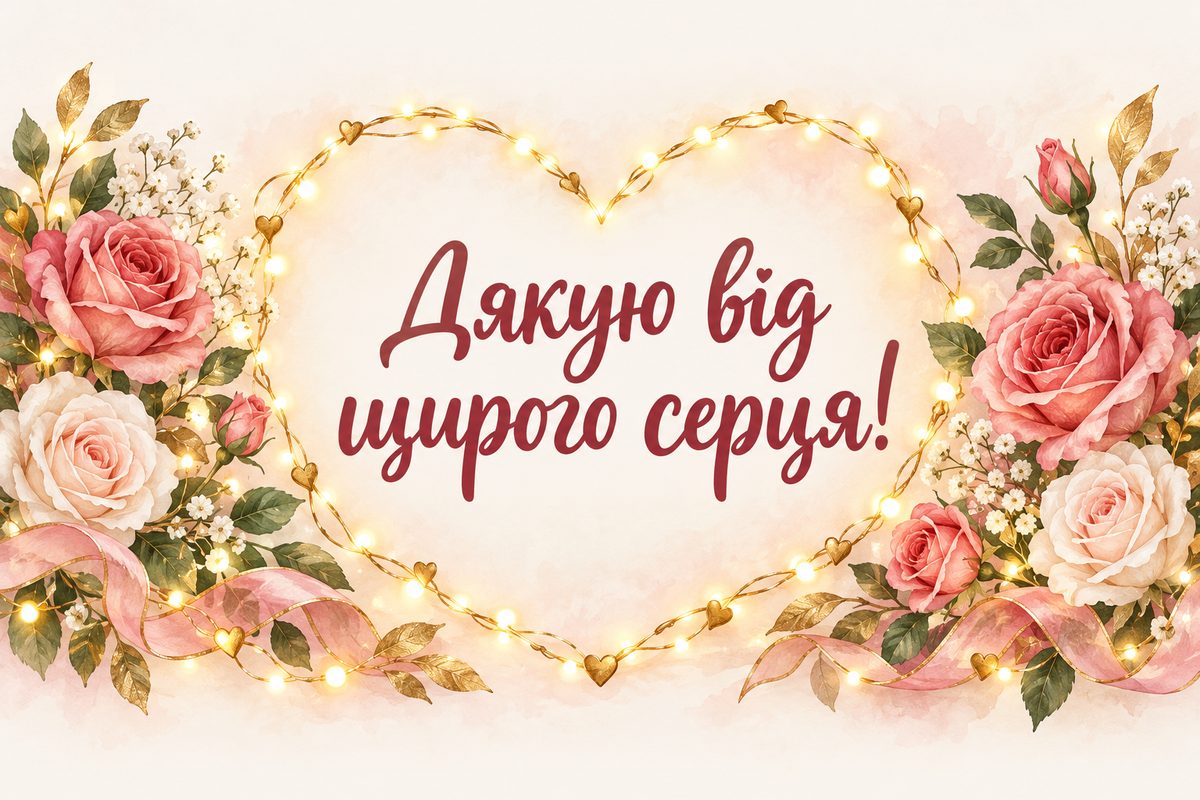 Листівка «Дякую за привітання»: серце з вогників і троянд, напис «Дякую від щирого серця!»