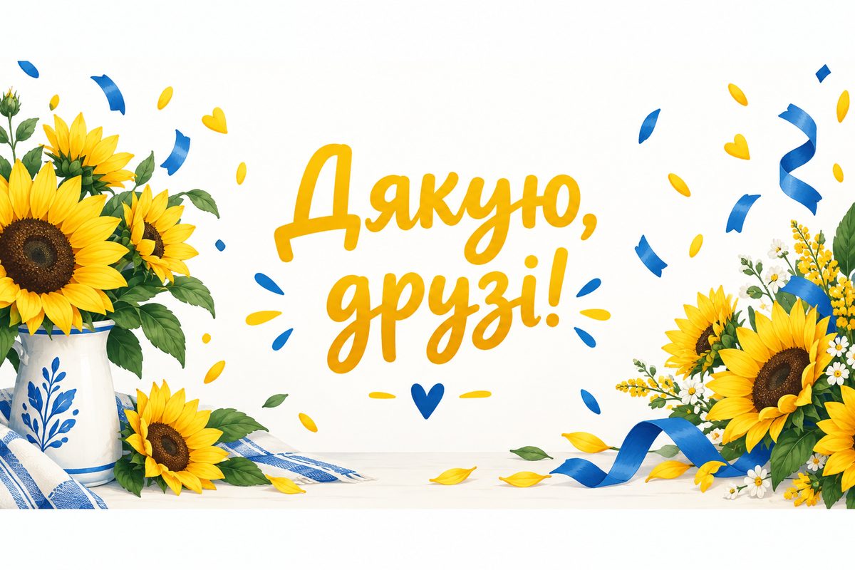 Листівка «Дякую за привітання»: соняшники в глечику й конфеті, напис «Дякую, друзі!»