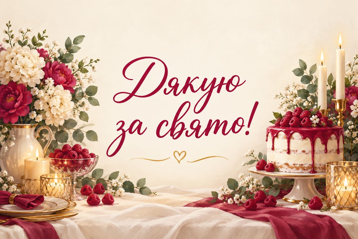 Листівка «Дякую за привітання»: святковий стіл із тортом і свічками, напис «Дякую за свято!»