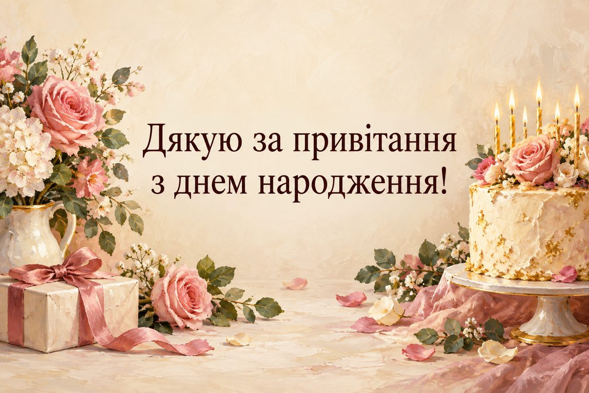 Листівка «Дякую за привітання»: святковий торт зі свічками й квітами, напис «Дякую за привітання з днем народження!»