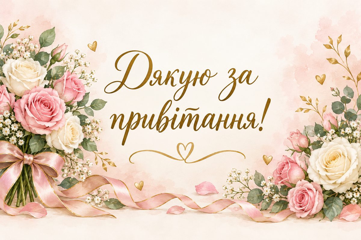 Листівка «Дякую за привітання»: букет білих і рожевих троянд зі стрічкою, напис «Дякую за привітання!»