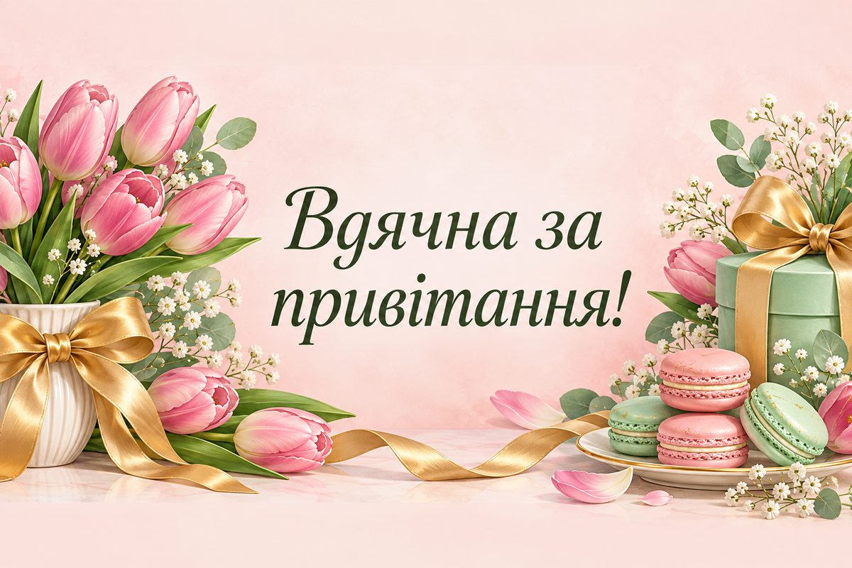 Листівка «Дякую за привітання»: тюльпани й макаруни із золотим бантом, напис «Вдячна за привітання!»