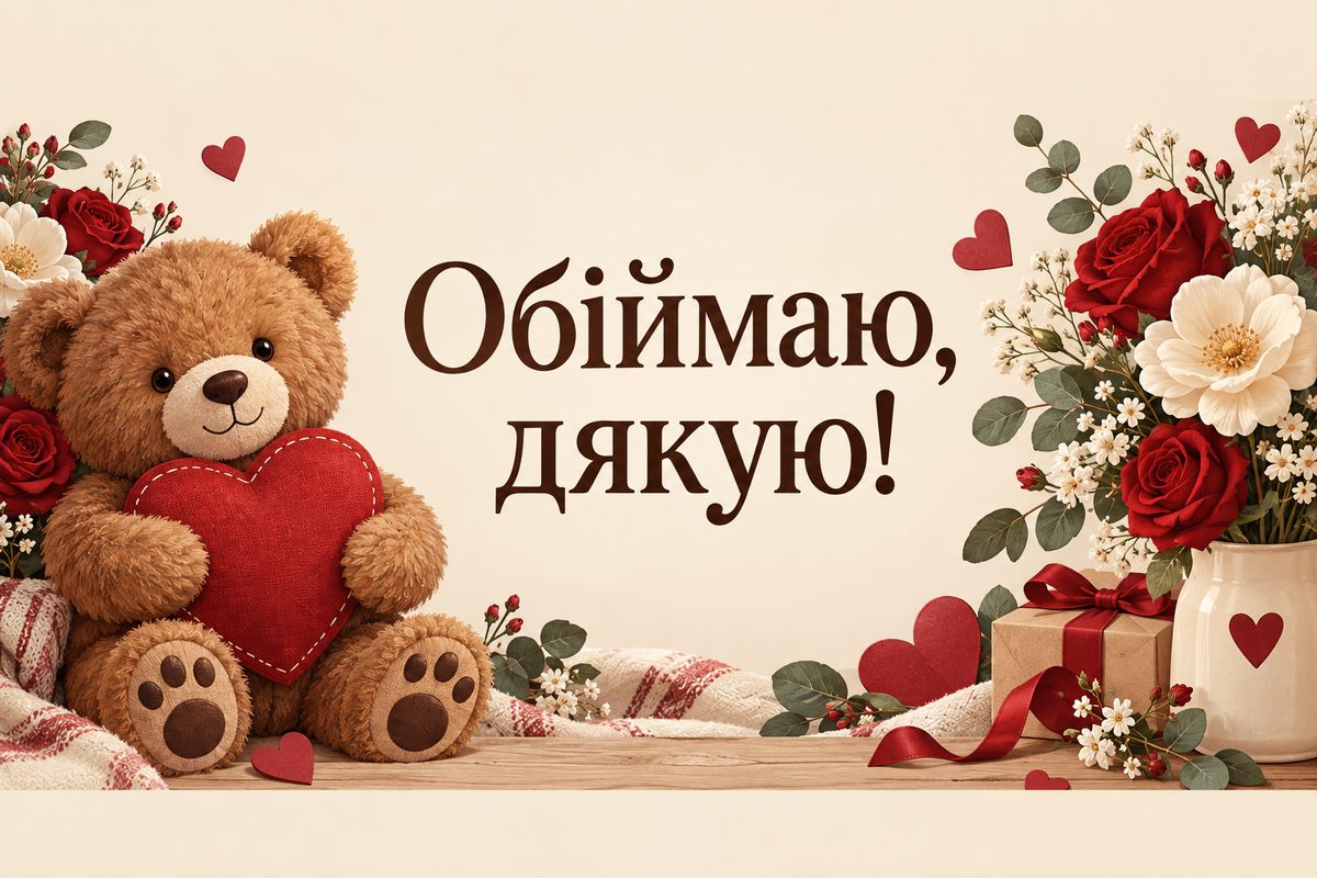 Листівка «Дякую за привітання»: плюшевий ведмедик із сердечком серед квітів, напис «Обіймаю, дякую!»