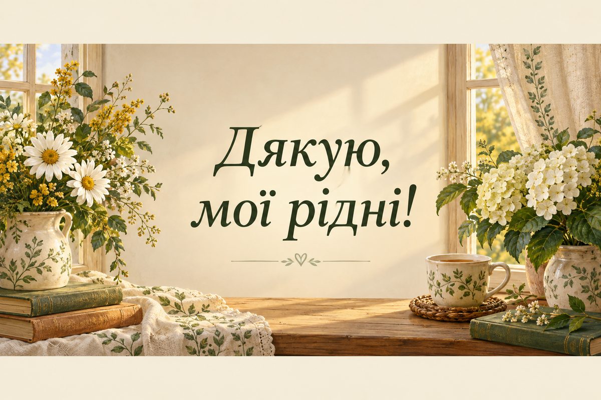 Листівка «Дякую за привітання»: затишне вікно з квітами й теплим світлом, напис «Дякую, мої рідні!»