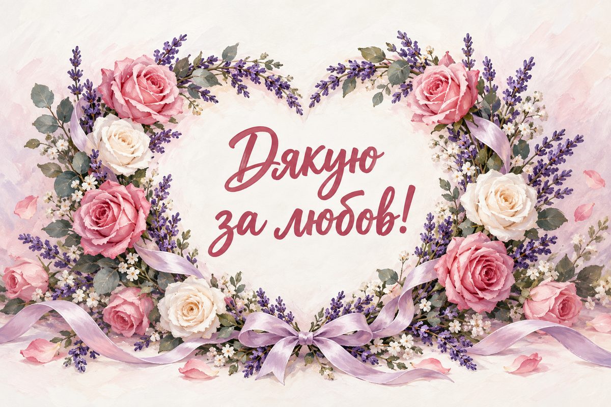 Листівка «Дякую за привітання»: серце-вінок із троянд і лаванди, напис «Дякую за любов!»