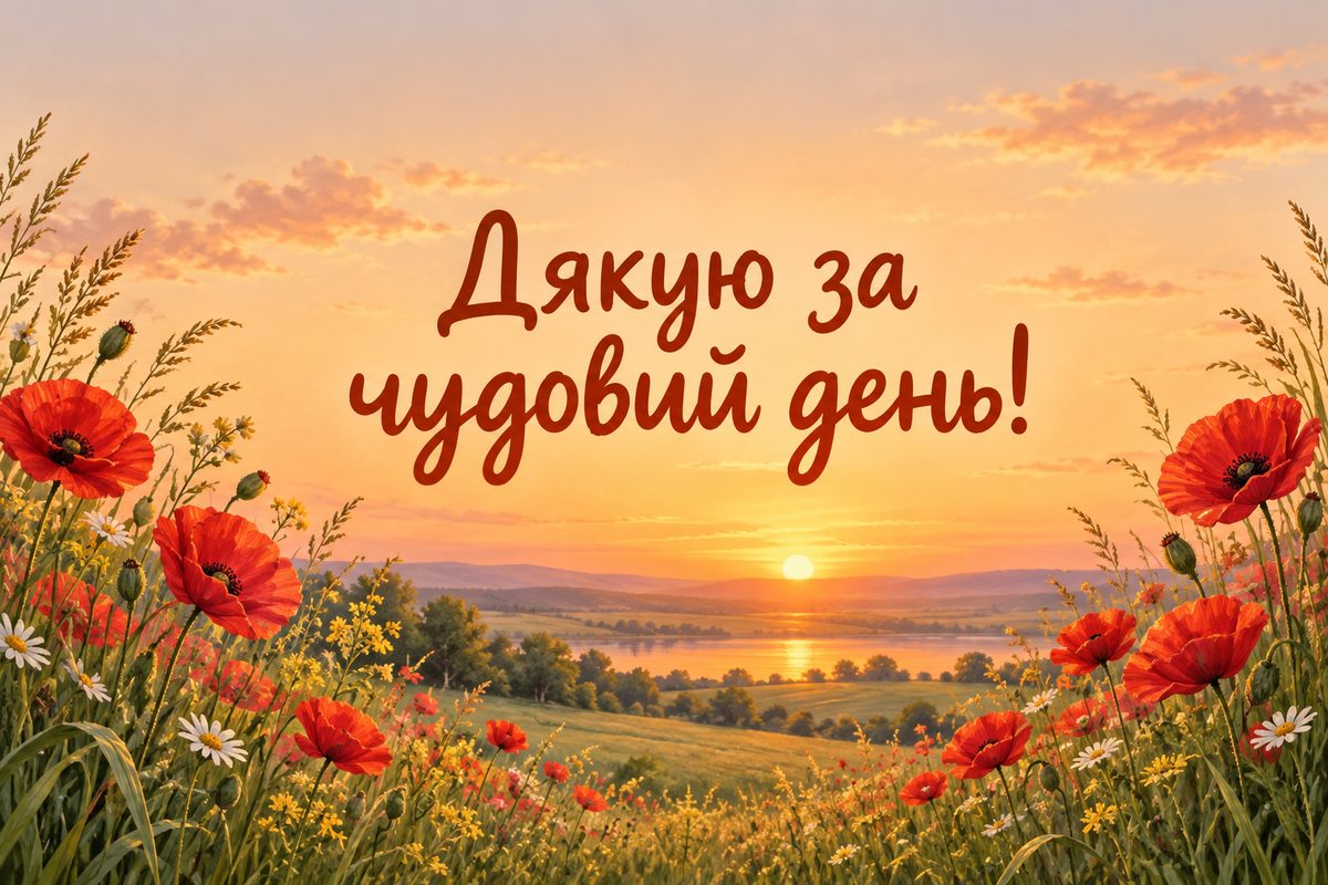 Листівка «Дякую за привітання»: захід сонця над луком із маками, напис «Дякую за чудовий день!»