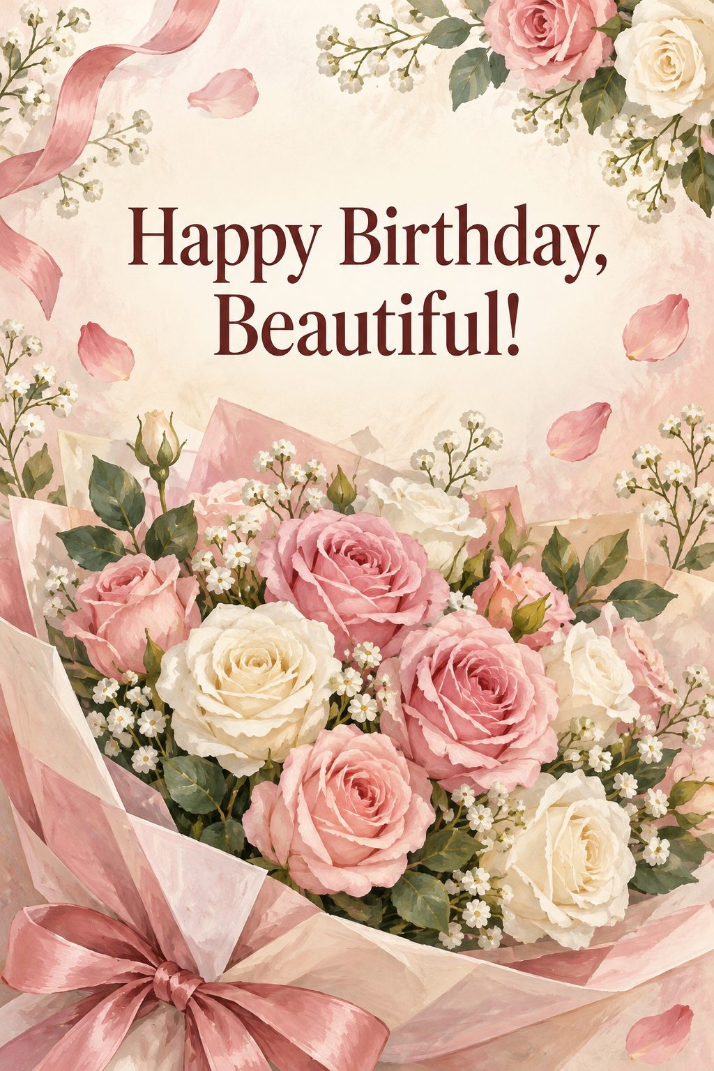 Листівка Happy Birthday англійською: пишний букет рожевих і білих троянд, напис «Happy Birthday, Beautiful!»