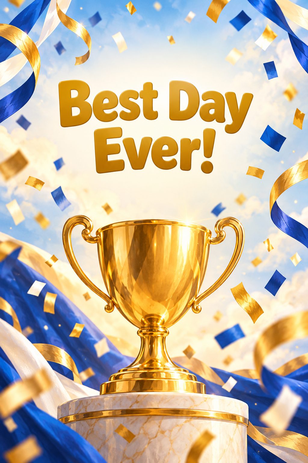 Листівка Happy Birthday англійською: золотий кубок і конфеті, напис «Best Day Ever!»