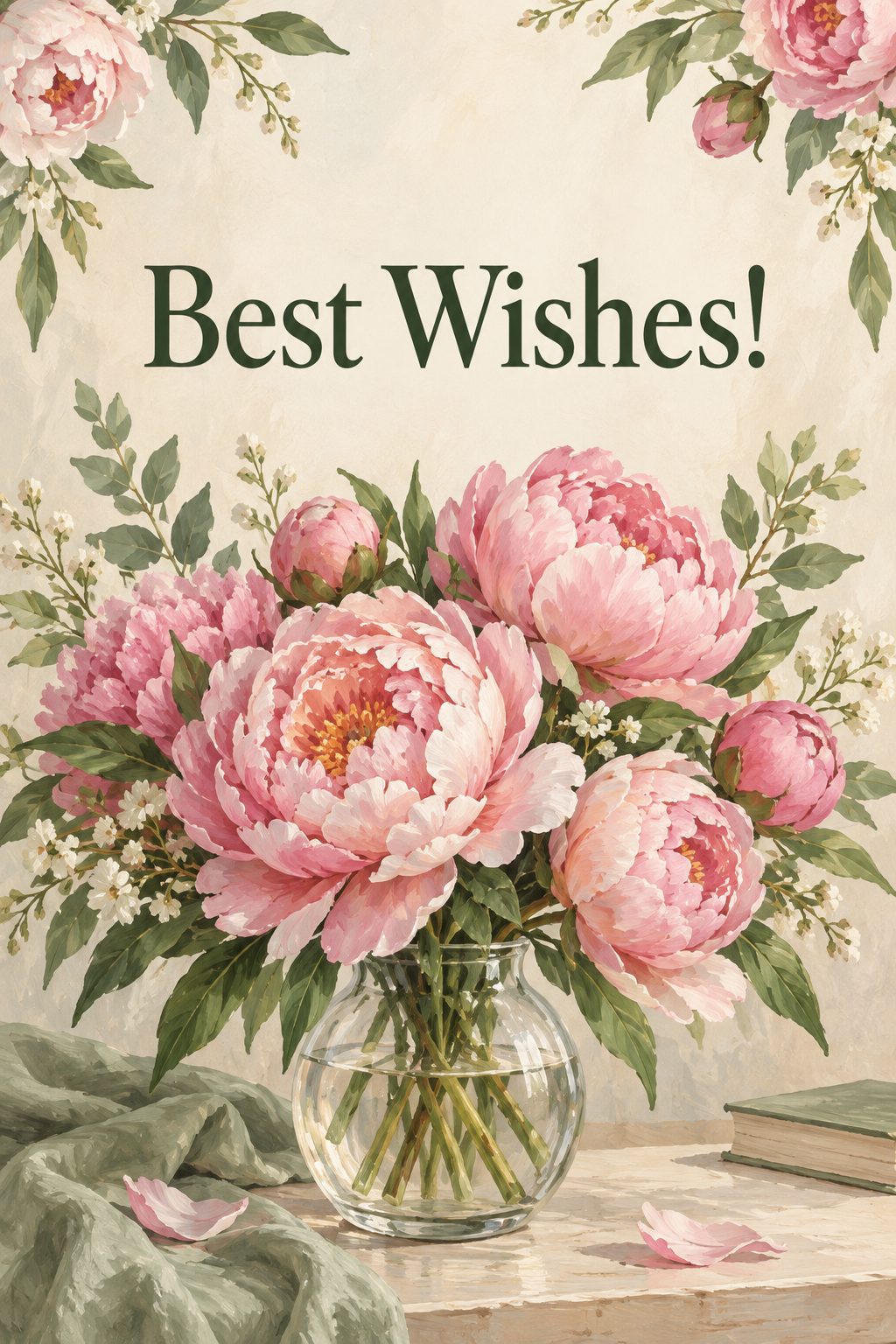 Листівка Happy Birthday англійською: букет рожевих півоній у вазі, напис «Best Wishes!»
