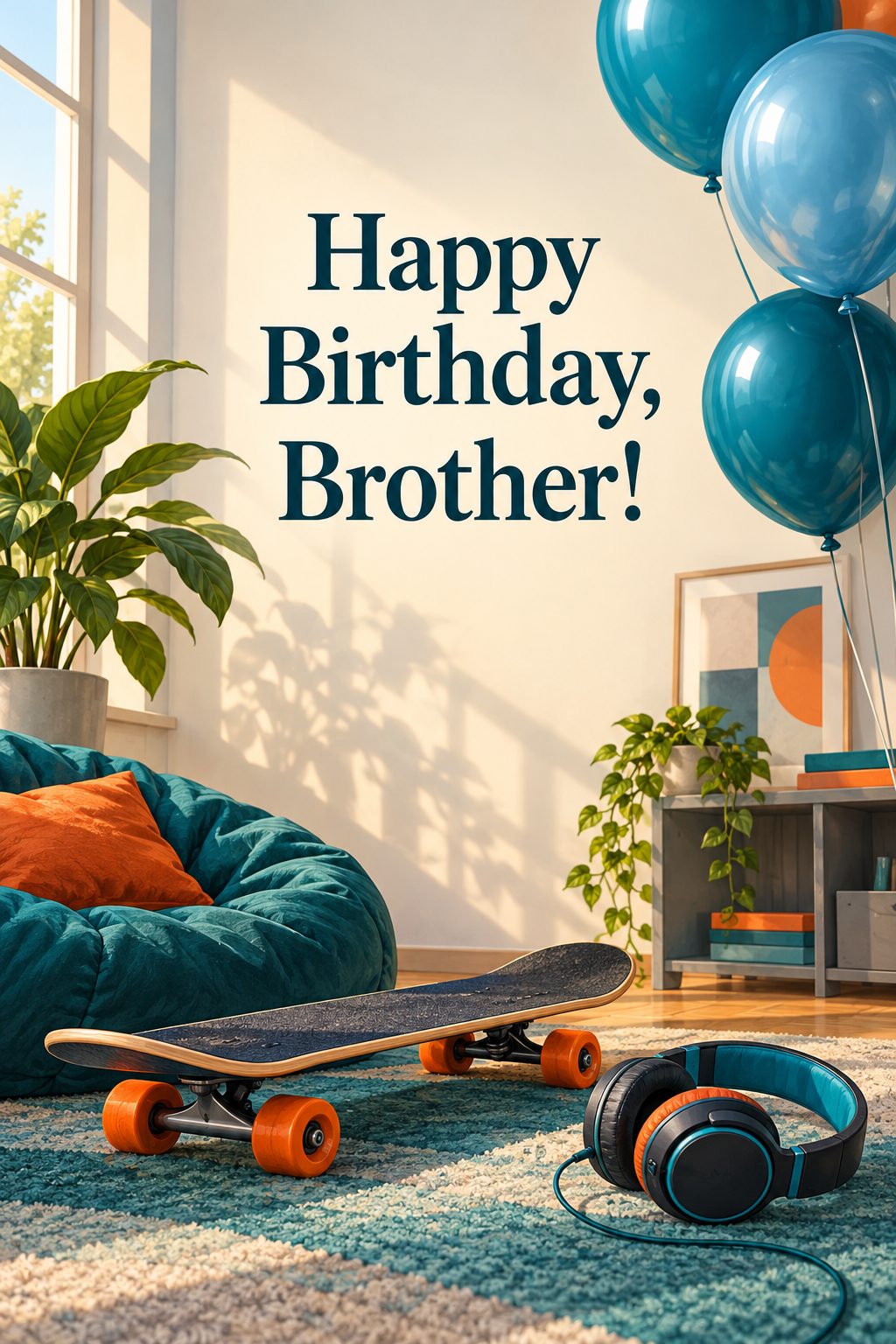 Листівка Happy Birthday англійською: скейтборд, навушники й сині кульки, напис «Happy Birthday, Brother!»