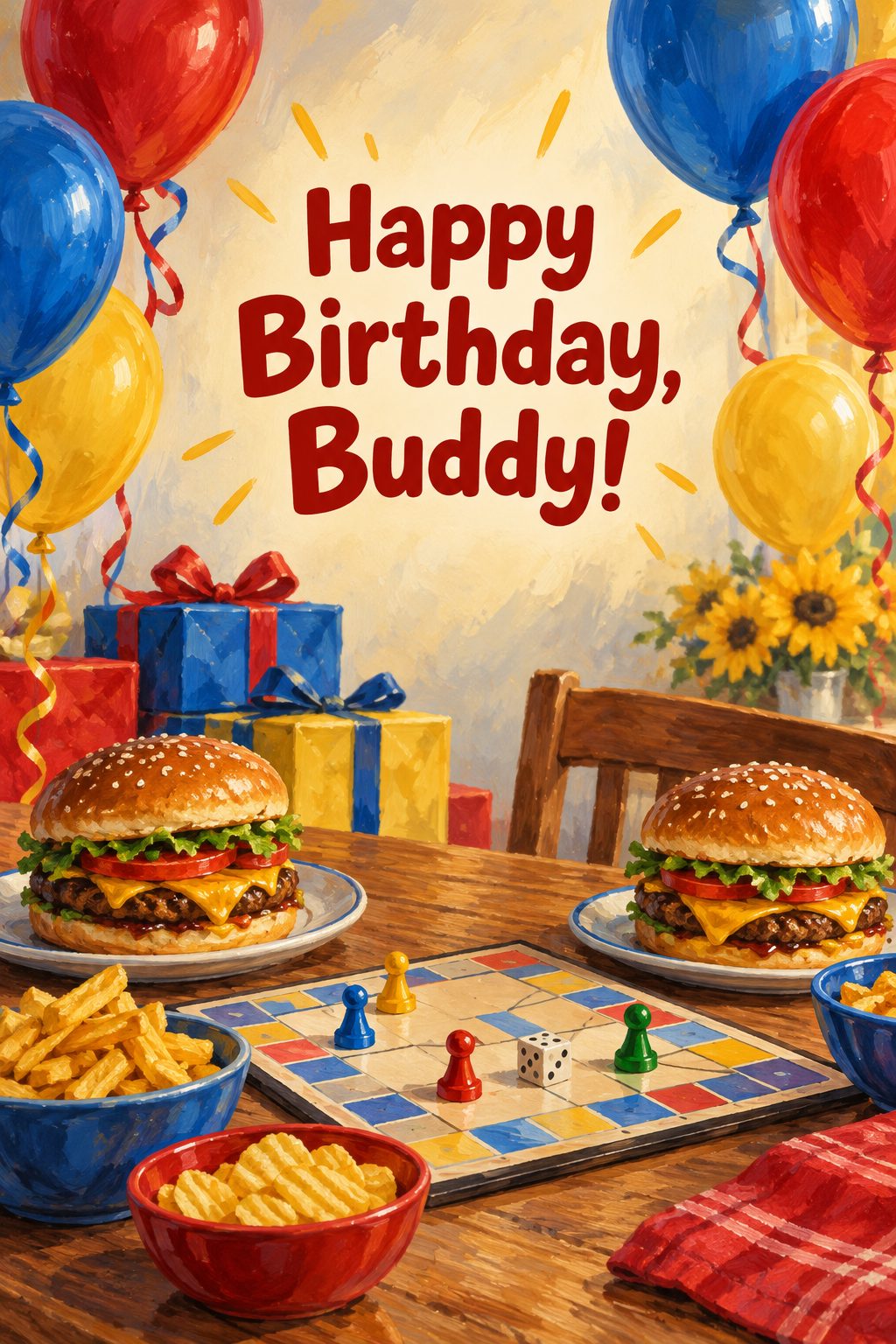 Листівка Happy Birthday англійською: два бургери й настільна гра на столі, напис «Happy Birthday, Buddy!»