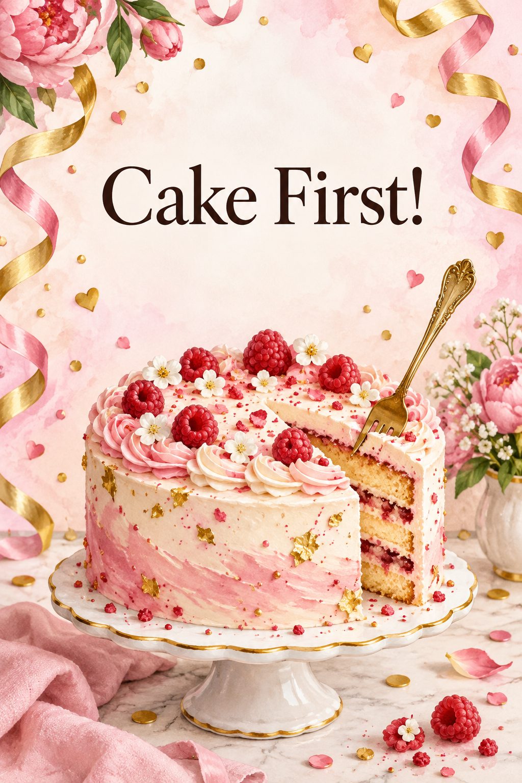 Листівка Happy Birthday англійською: цілий торт із виделкою й конфеті, напис «Cake First!»