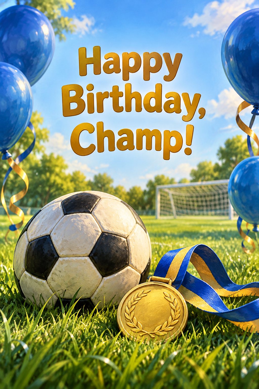 Листівка Happy Birthday англійською: футбольний м'яч, медаль і сині кульки, напис «Happy Birthday, Champ!»