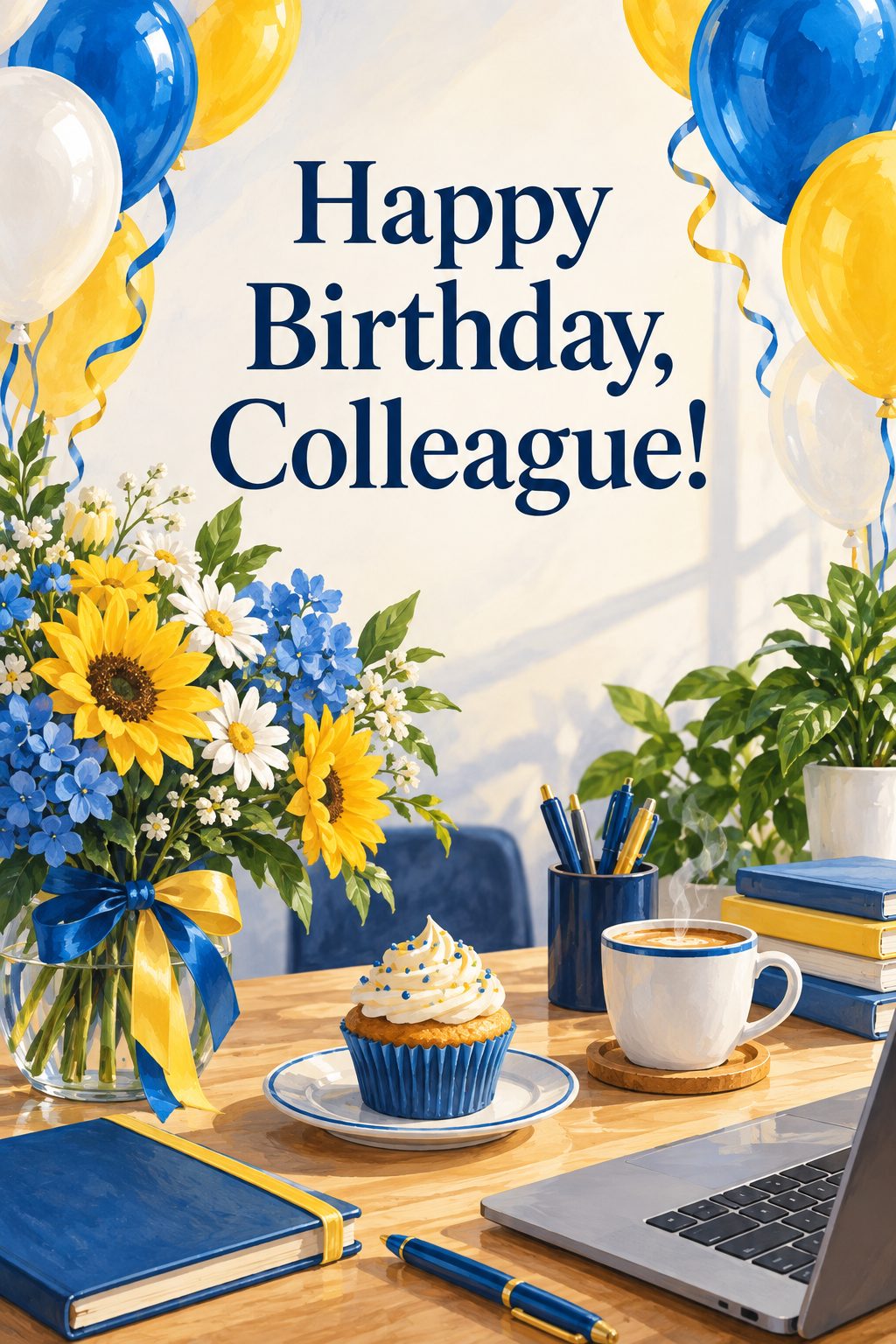 Листівка Happy Birthday англійською: робочий стіл із кульками, кавою й капкейком, напис «Happy Birthday, Colleague!»