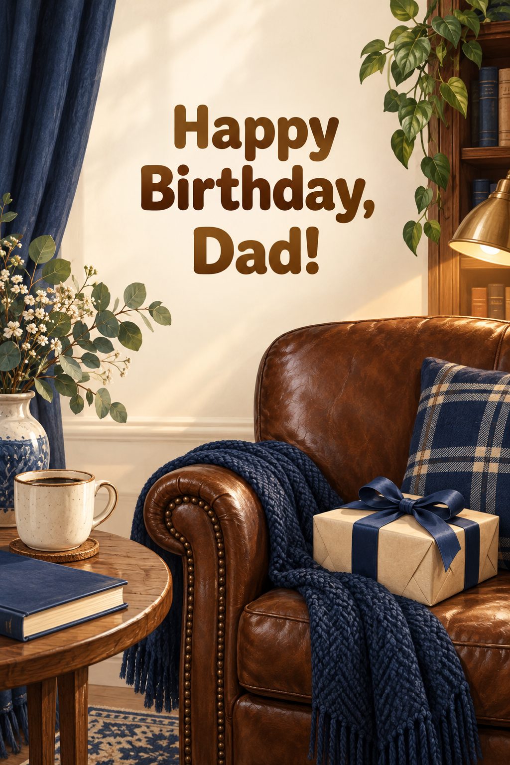Листівка Happy Birthday англійською: шкіряне крісло, книжка, кава й подарунок, напис «Happy Birthday, Dad!»
