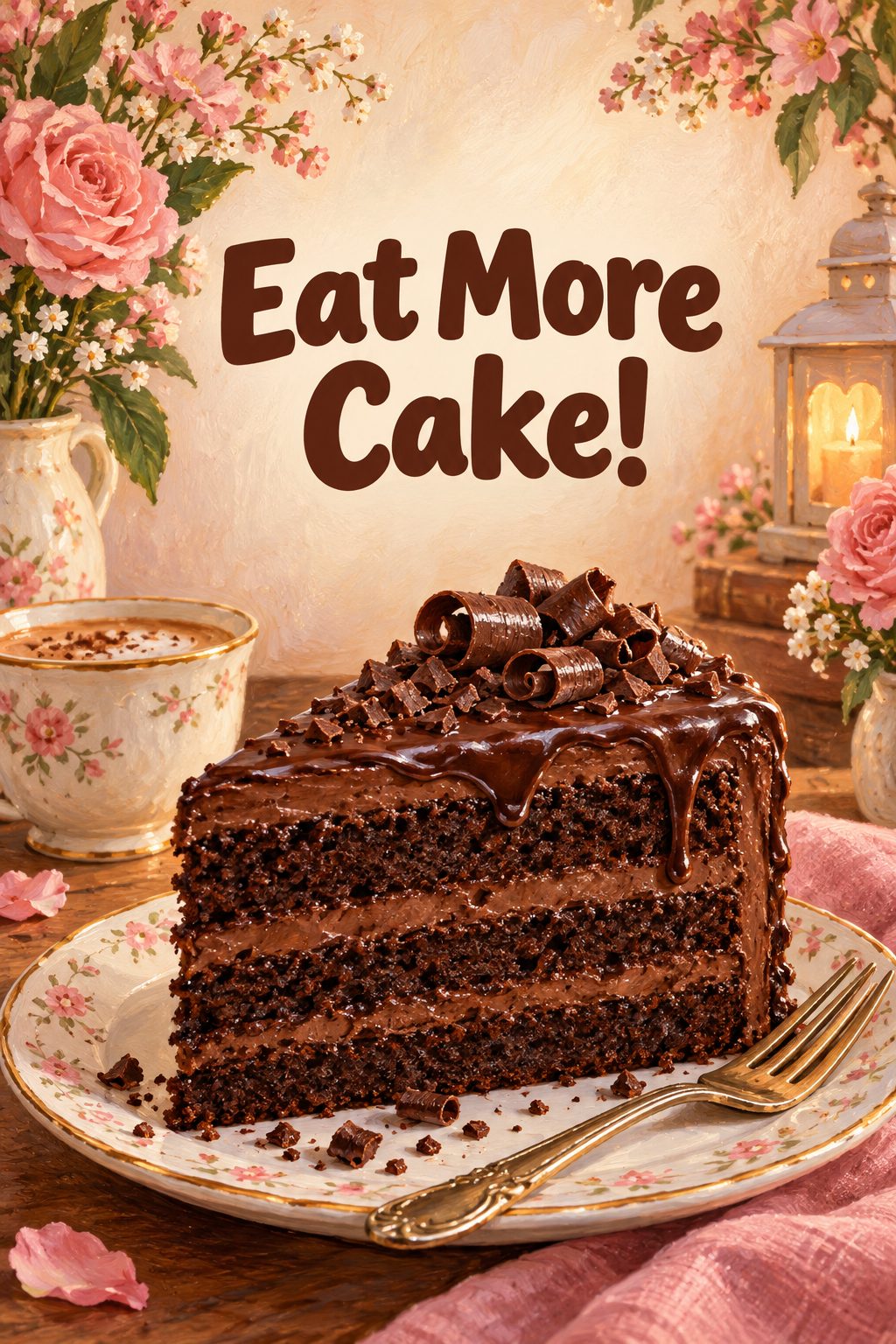 Листівка Happy Birthday англійською: величезний шматок шоколадного торта, напис «Eat More Cake!»