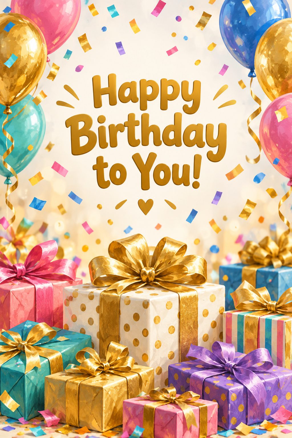 Листівка Happy Birthday англійською: конфеті над горою подарунків, напис «Happy Birthday to You!»