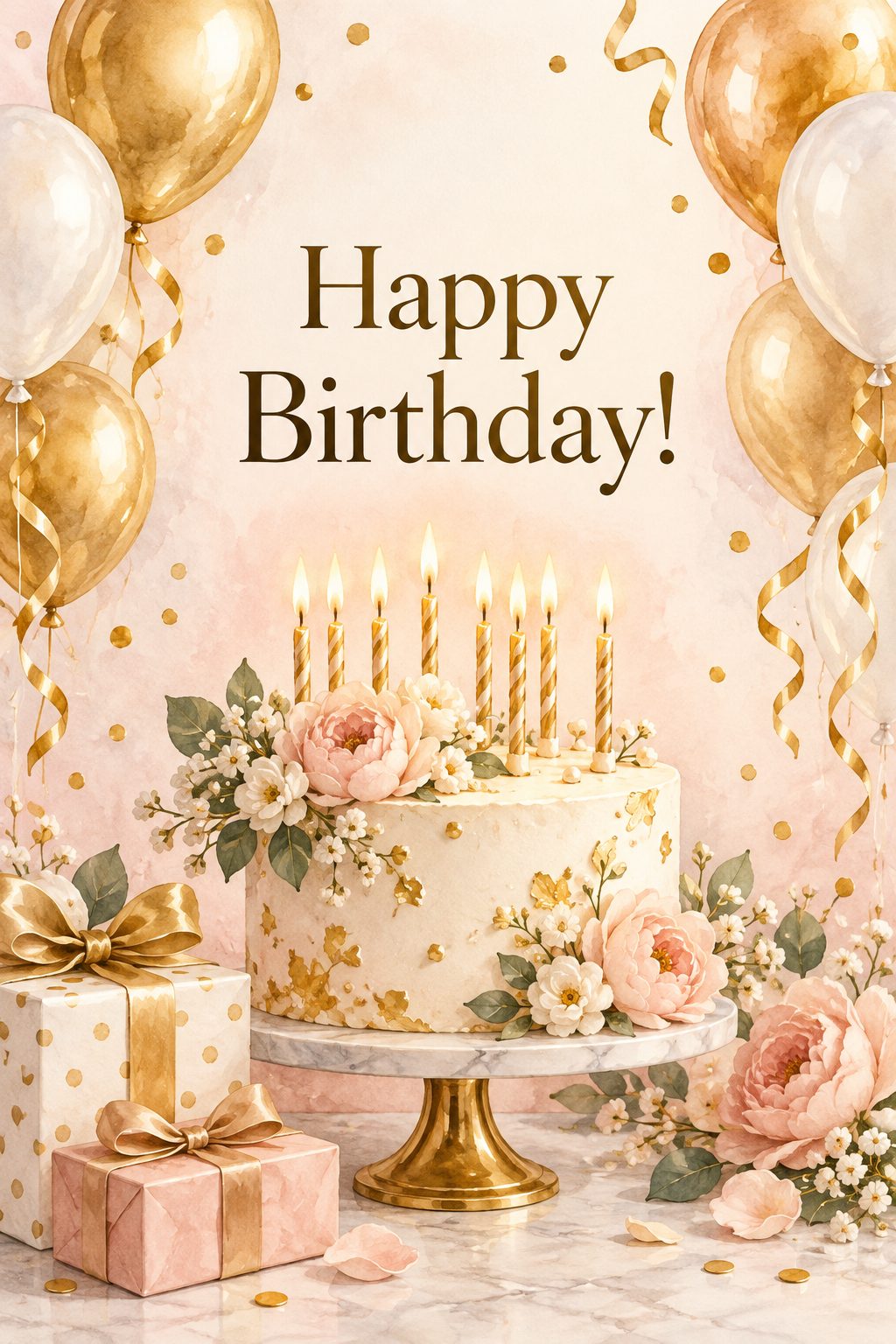 Листівка Happy Birthday англійською: торт зі свічками, золоті й білі кульки, напис «Happy Birthday!»
