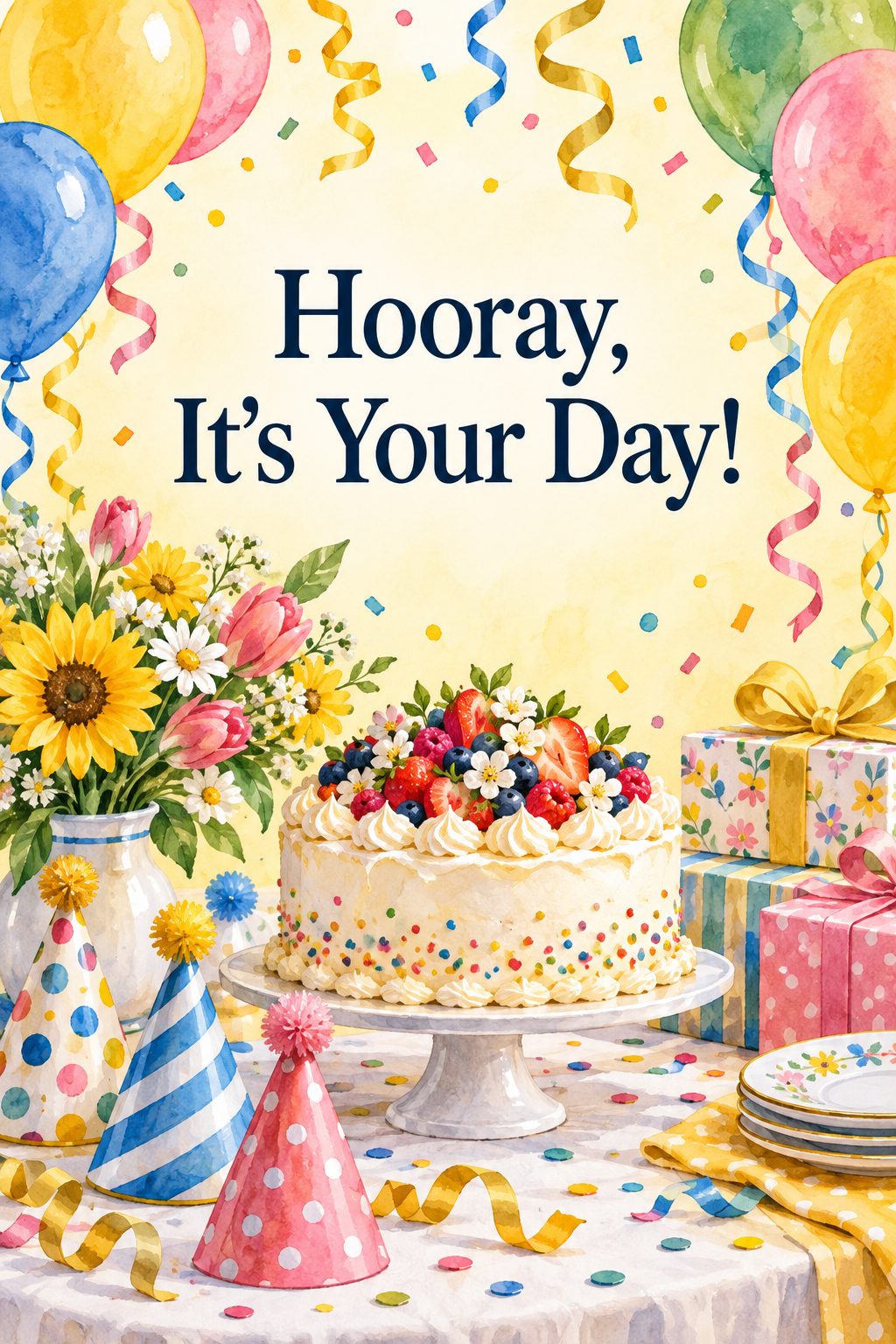 Листівка Happy Birthday англійською: святкові ковпачки, серпантин і торт, напис «Hooray, It's Your Day!»