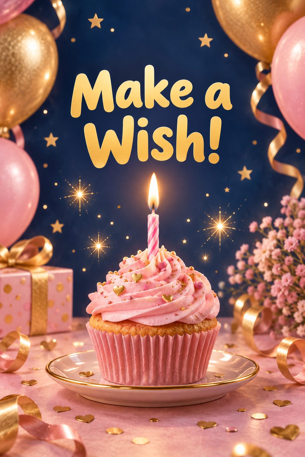 Листівка Happy Birthday англійською: капкейк з однією свічкою, напис «Make a Wish!»