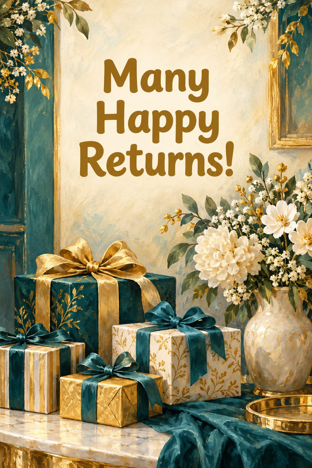 Листівка Happy Birthday англійською: стос подарунків зі стрічками й ваза з квітами, напис «Many Happy Returns!»
