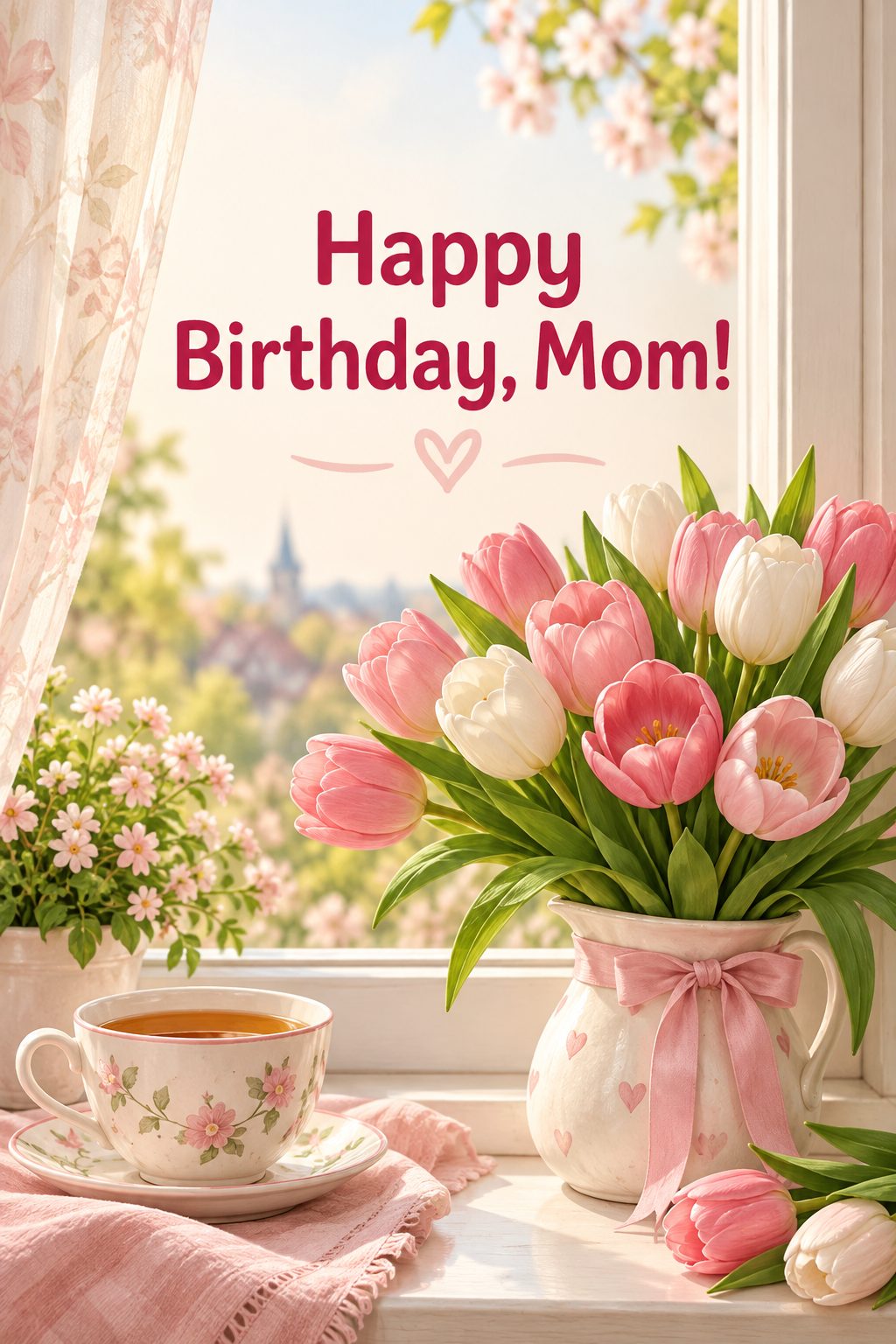 Листівка Happy Birthday англійською: чашка чаю й тюльпани на сонячному підвіконні, напис «Happy Birthday, Mom!»