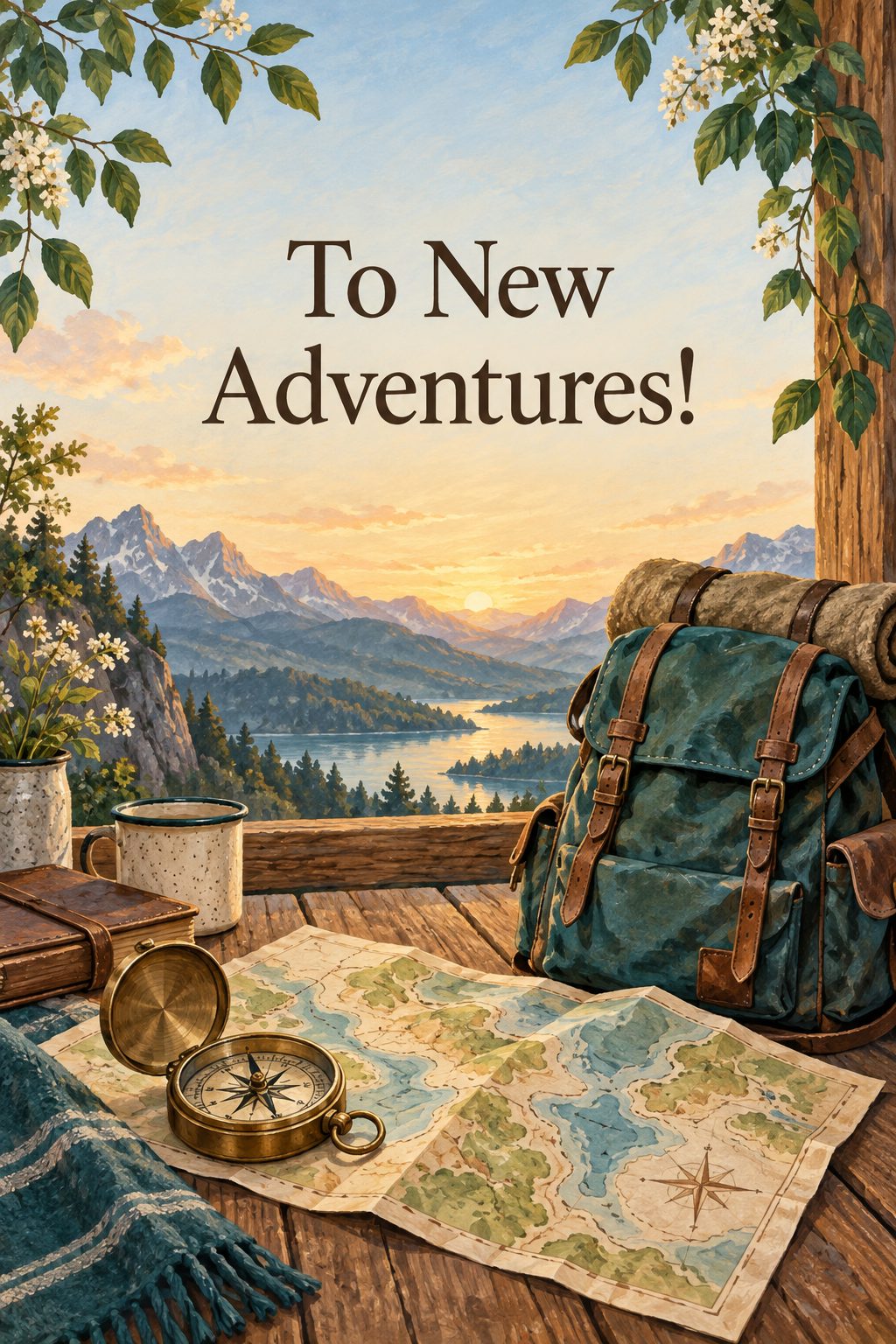 Листівка Happy Birthday англійською: компас, мапа й рюкзак, напис «To New Adventures!»