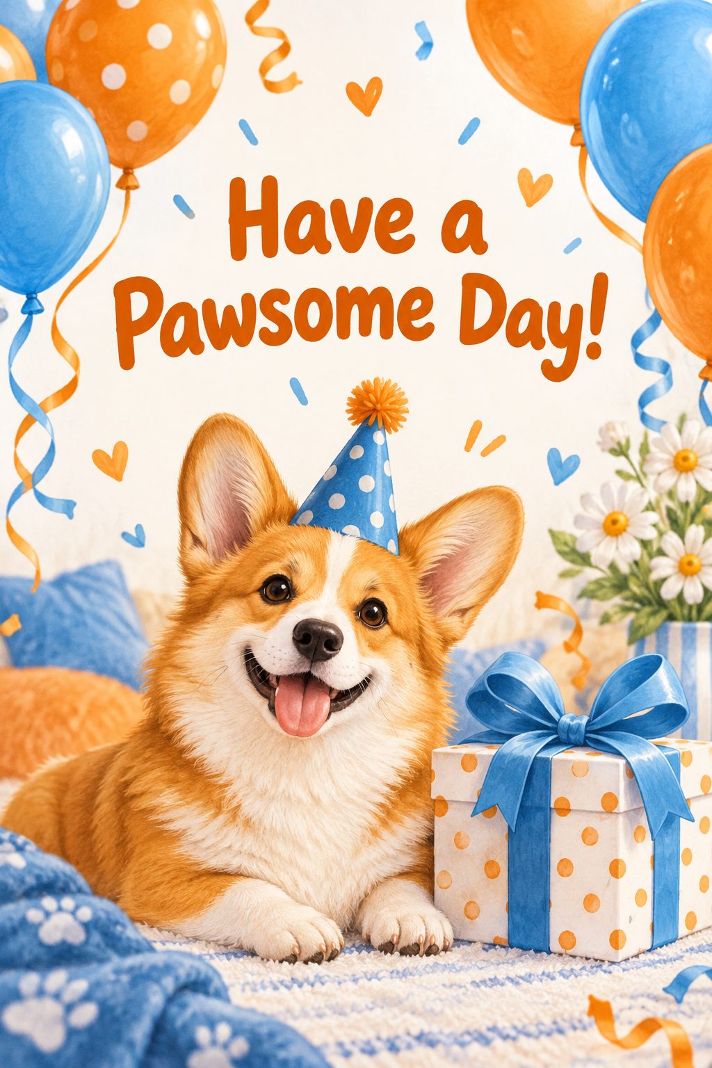 Листівка Happy Birthday англійською: коргі у святковому ковпачку біля подарунка, напис «Have a Pawsome Day!»