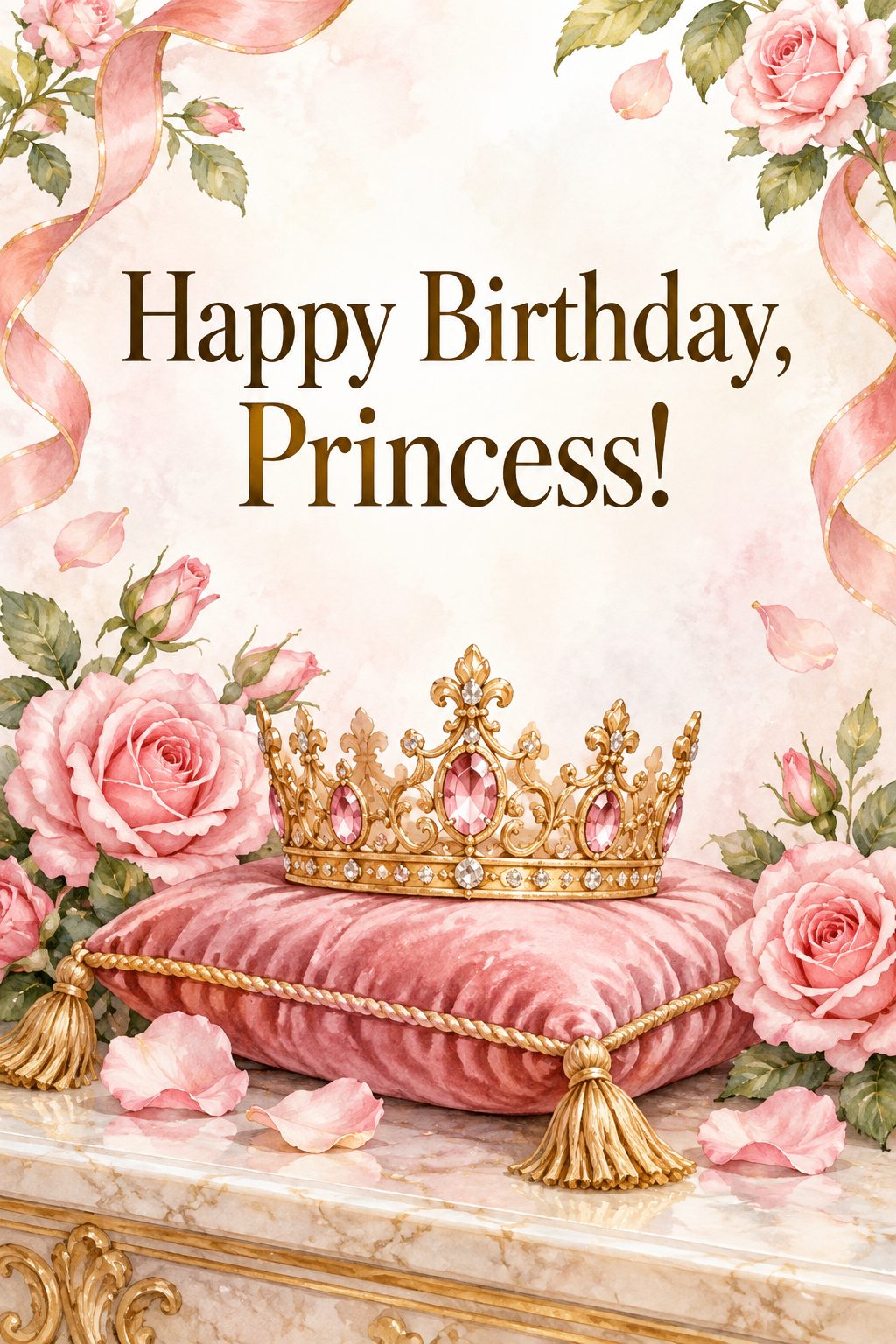 Листівка Happy Birthday англійською: золота корона на рожевій подушечці й троянди, напис «Happy Birthday, Princess!»
