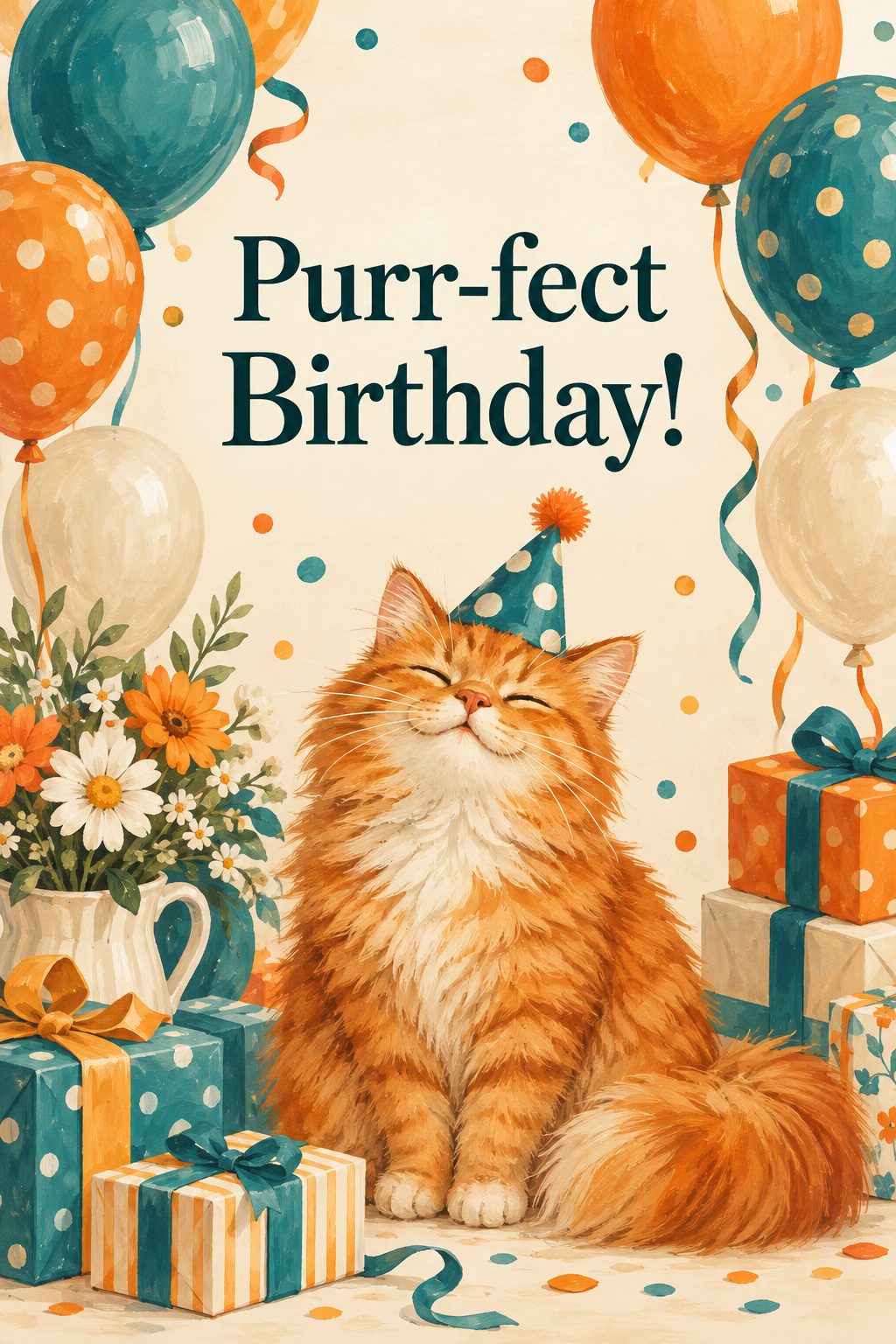 Листівка Happy Birthday англійською: рудий кіт у святковому ковпачку серед кульок, напис «Purr-fect Birthday!»