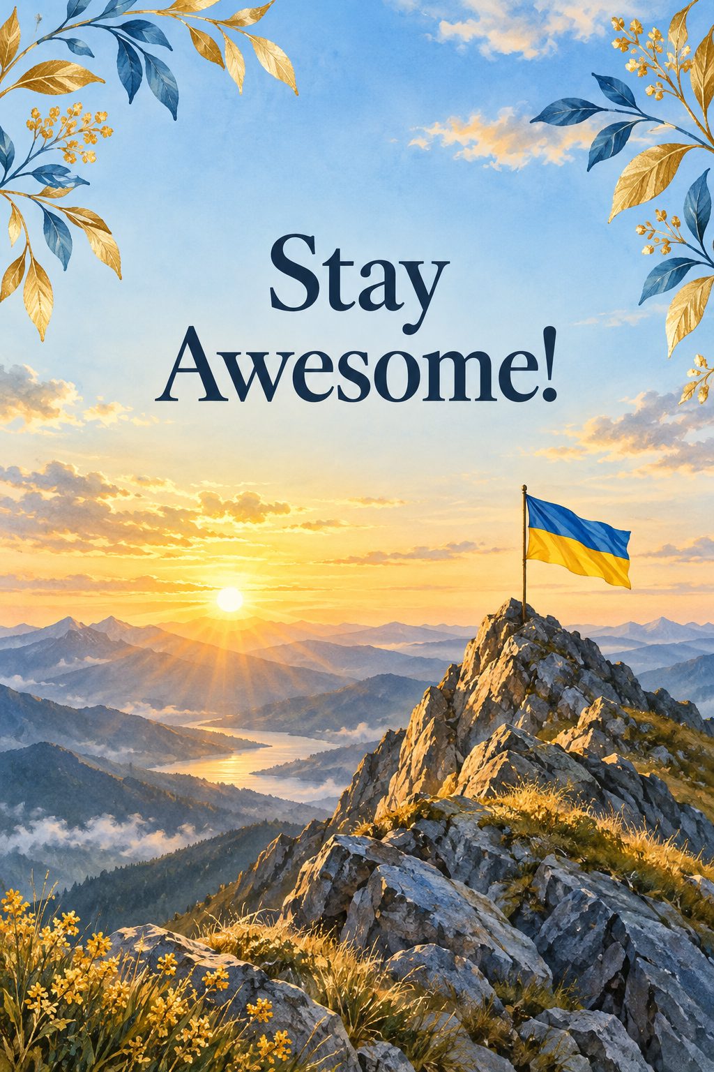 Листівка Happy Birthday англійською: гірська вершина на світанку з прапорцем, напис «Stay Awesome!»
