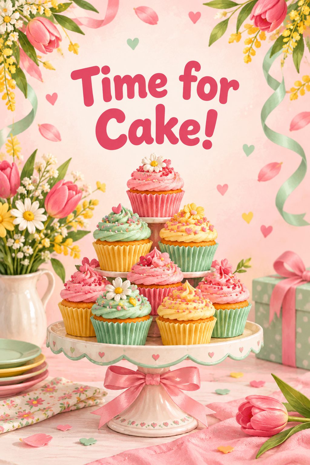 Листівка Happy Birthday англійською: вежа з різнокольорових капкейків, напис «Time for Cake!»