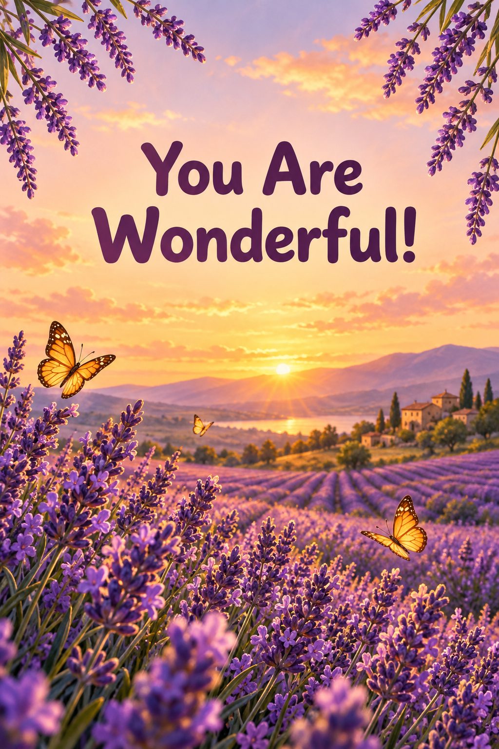 Листівка Happy Birthday англійською: лавандове поле на заході сонця, напис «You Are Wonderful!»