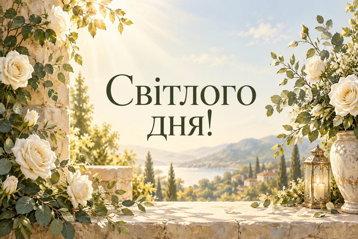 Листівка гарного дня: промені світла крізь білі троянди, напис «Світлого дня!»