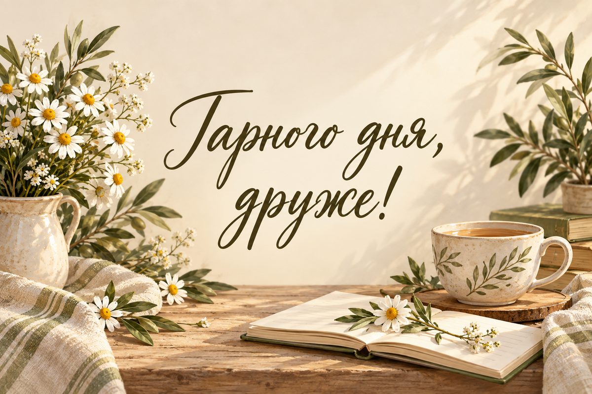Листівка гарного дня: чай, блокнот і ромашка, напис «Гарного дня, друже!»