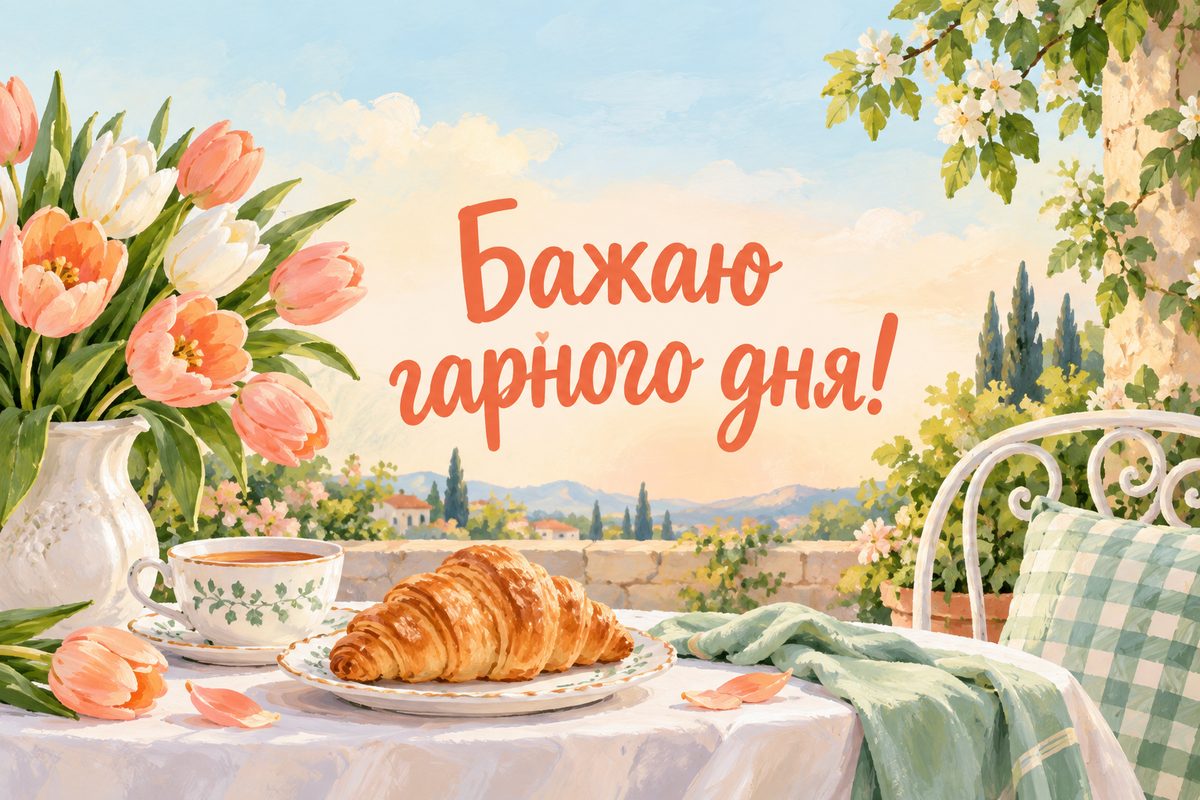 Листівка гарного дня: чашка чаю, круасан і тюльпани в саду, напис «Бажаю гарного дня!»