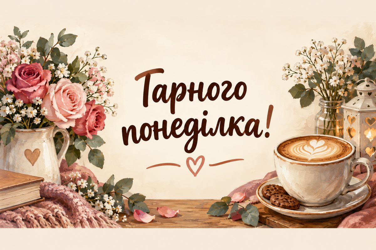 Листівка гарного дня: капучино й маленький букет, напис «Гарного понеділка!»