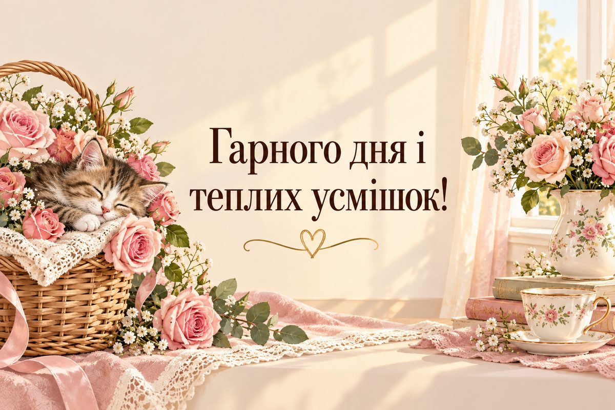 Листівка гарного дня: кошеня в кошику з трояндами, напис «Гарного дня і теплих усмішок!»