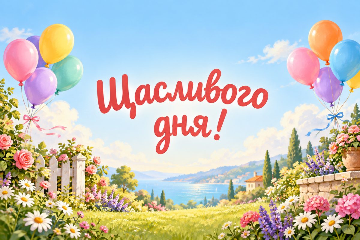 Листівка гарного дня: кульки над квітучим садом, напис «Щасливого дня!»