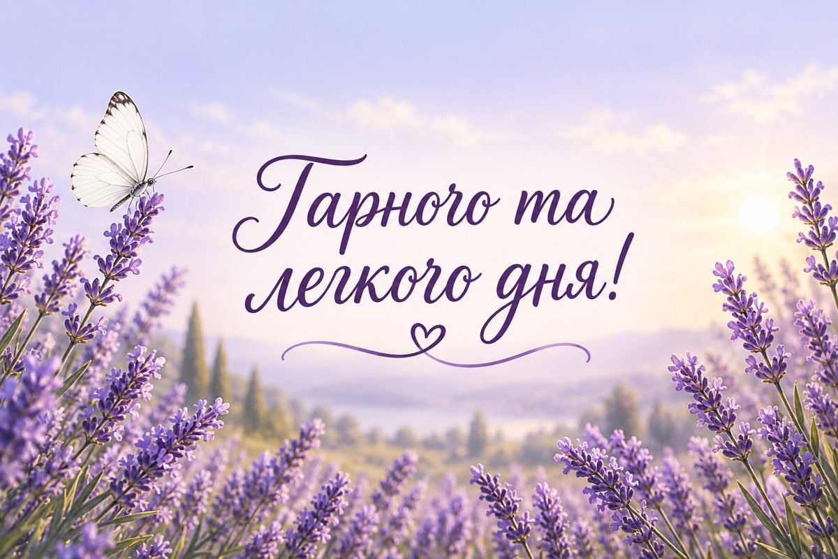 Листівка гарного дня: метелик над лавандою, напис «Гарного та легкого дня!»