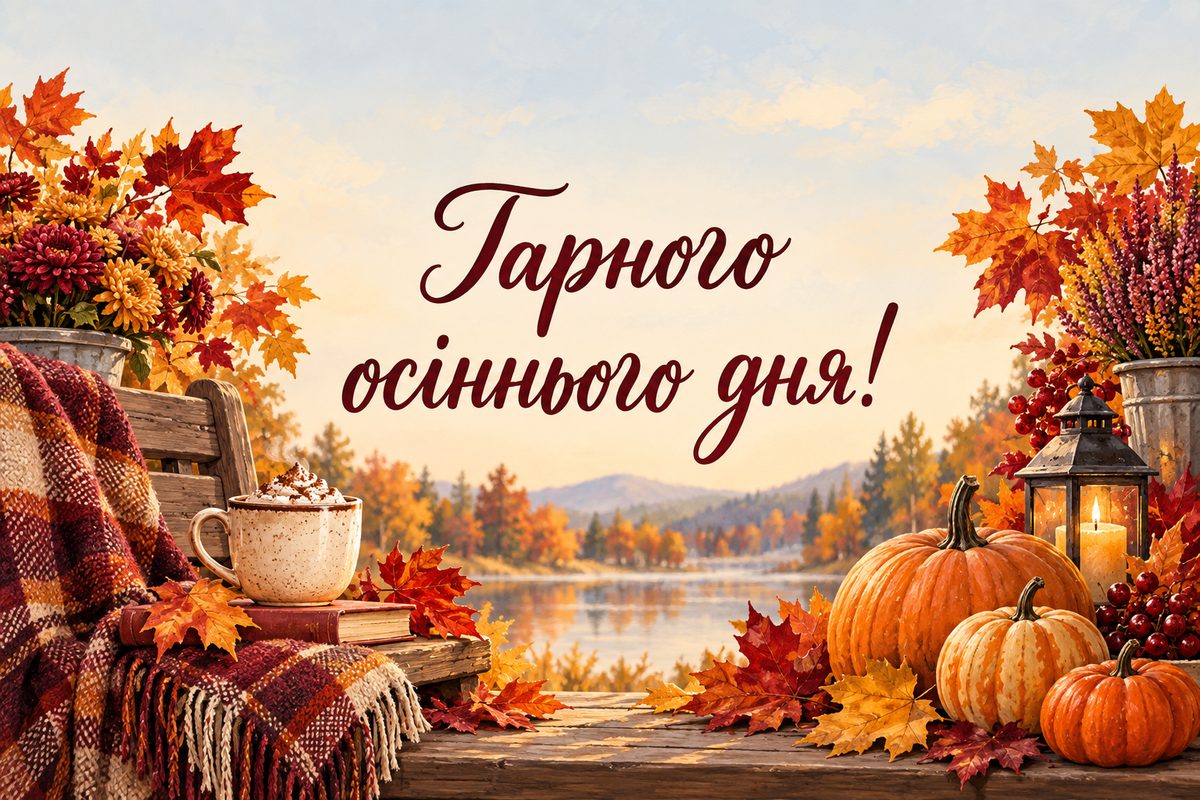 Листівка гарного дня: кленове листя, гарбузи й какао, напис «Гарного осіннього дня!»