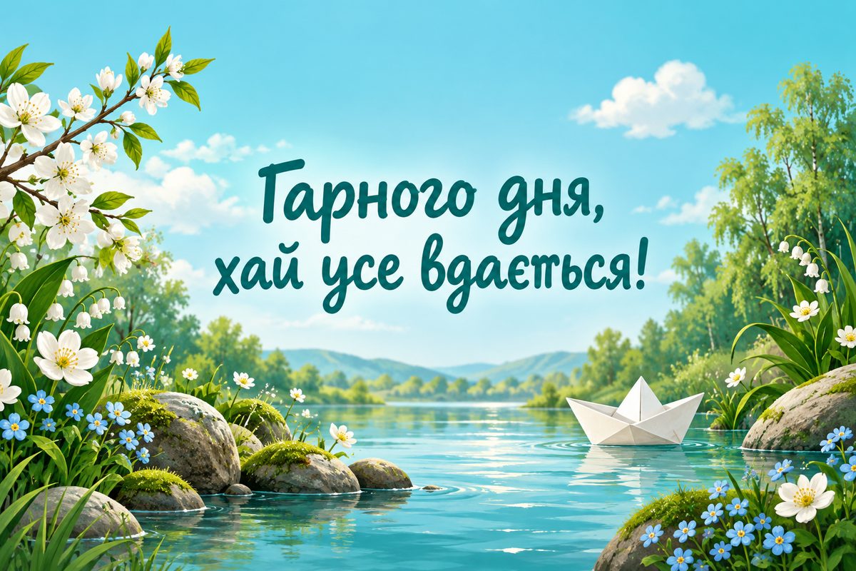 Листівка гарного дня: паперовий човник серед весняних квітів, напис «Гарного дня, хай усе вдається!»