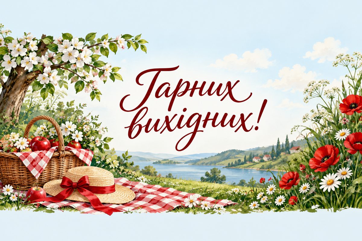 Листівка гарного дня: пікнік під квітучим деревом, напис «Гарних вихідних!»