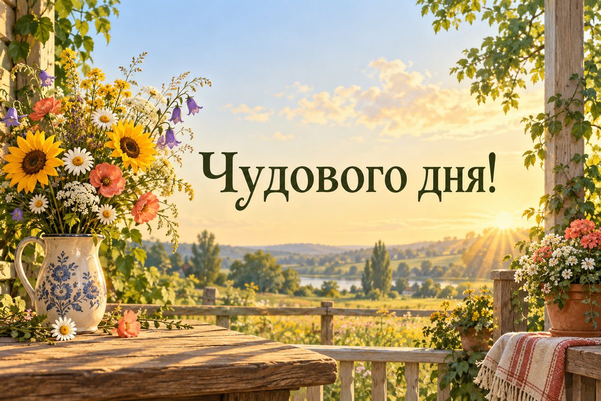 Листівка гарного дня: польові квіти на ганку, напис «Чудового дня!»