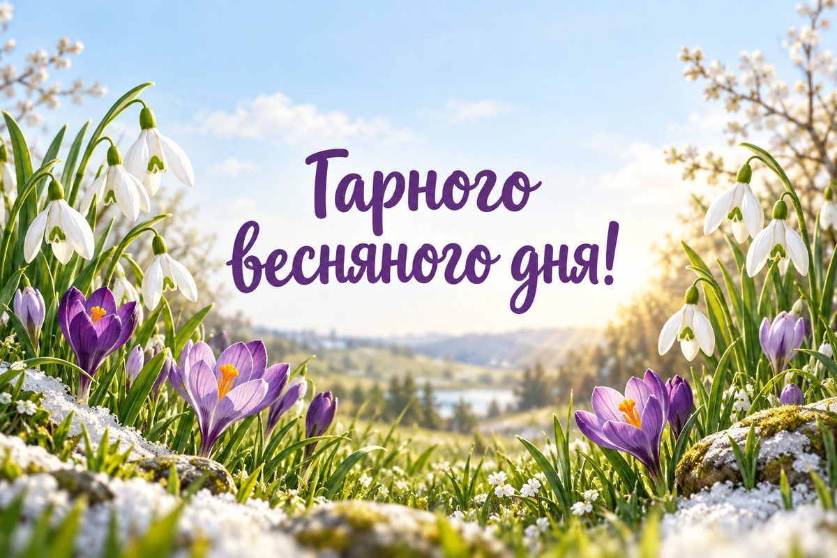 Листівка гарного дня: проліски й крокуси на сонці, напис «Гарного весняного дня!»