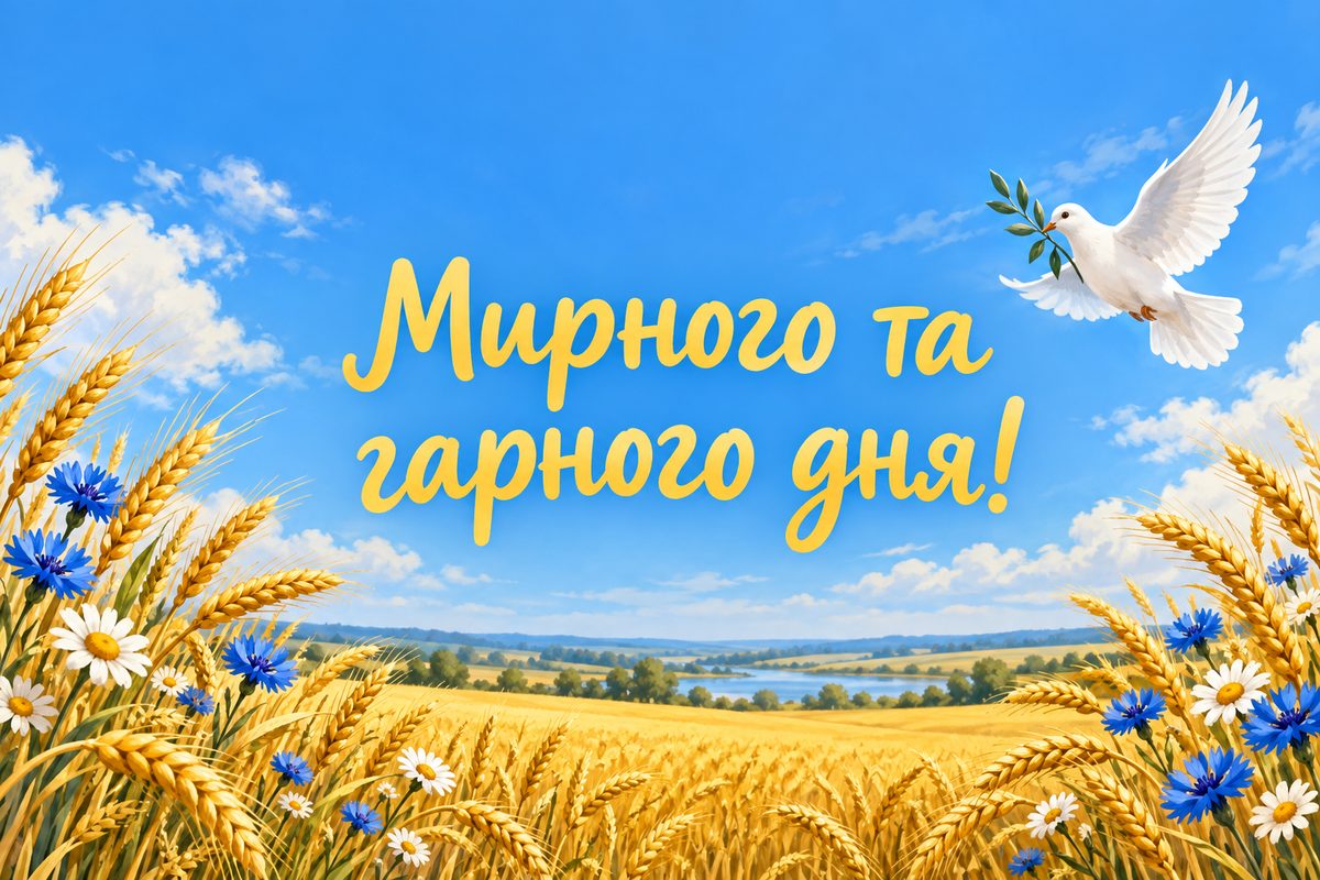 Листівка гарного дня: пшеничне поле й голуб під мирним небом, напис «Мирного та гарного дня!»