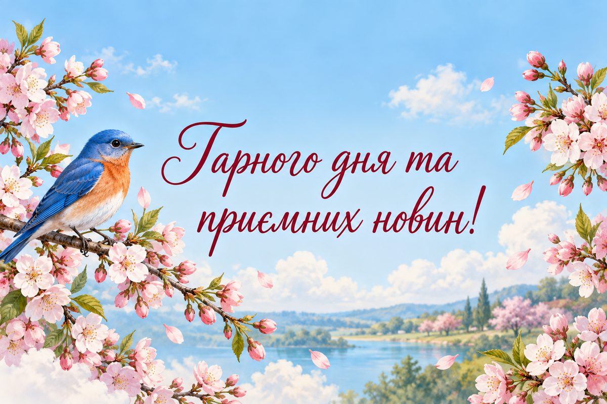 Листівка гарного дня: синій птах на вишневій гілці, напис «Гарного дня та приємних новин!»