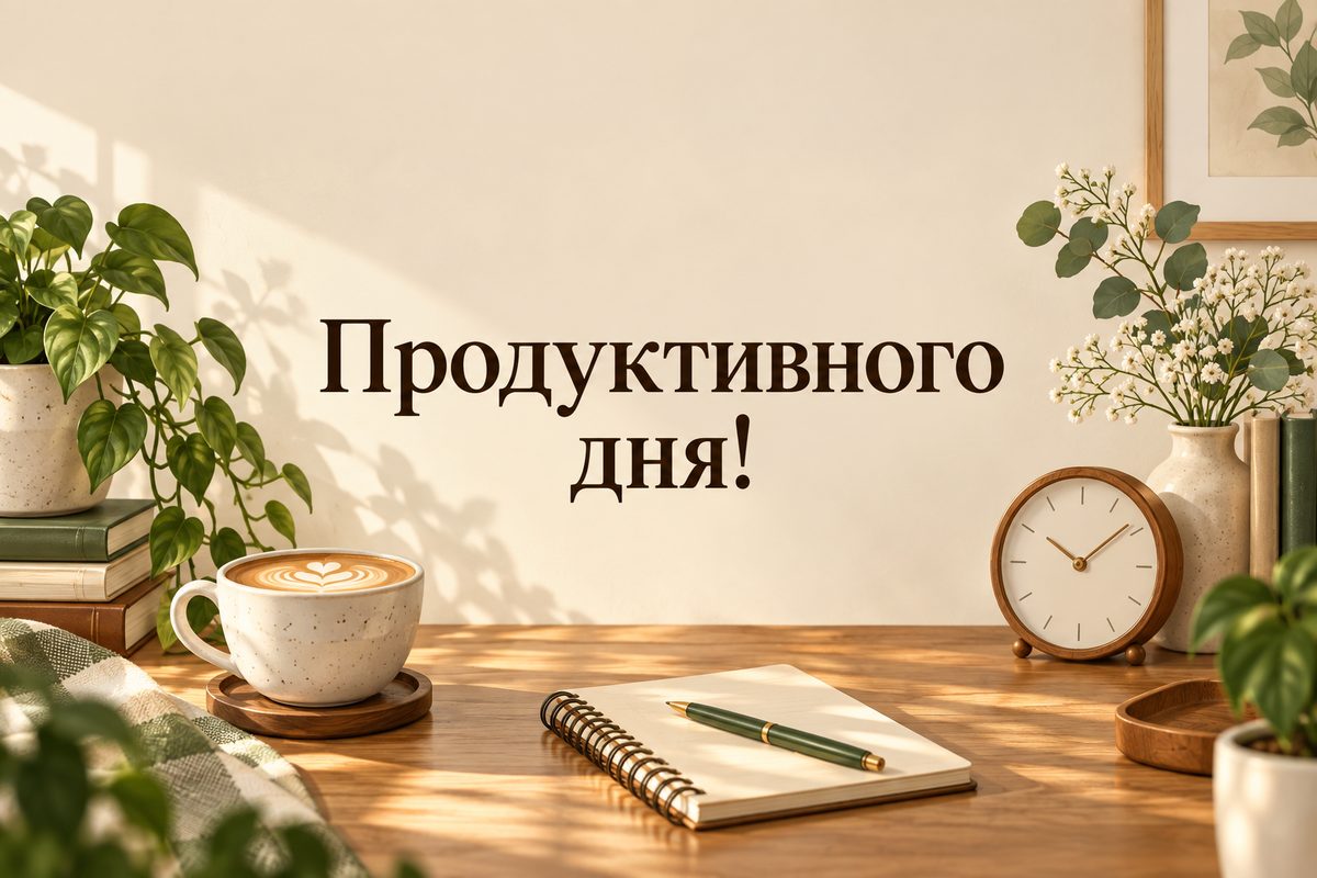 Листівка гарного дня: робочий стіл із кавою й рослиною, напис «Продуктивного дня!»